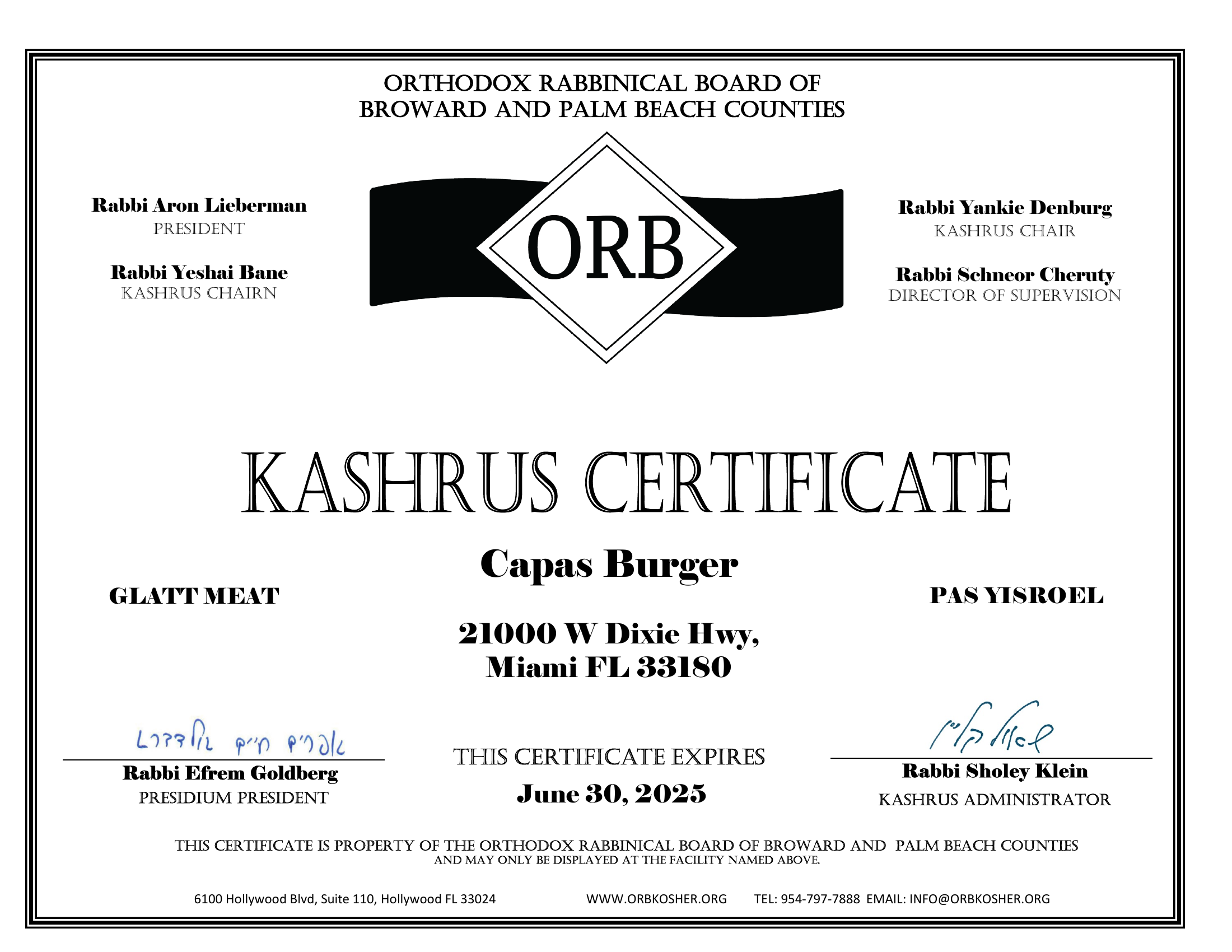Capas Burger kosher certification 2025