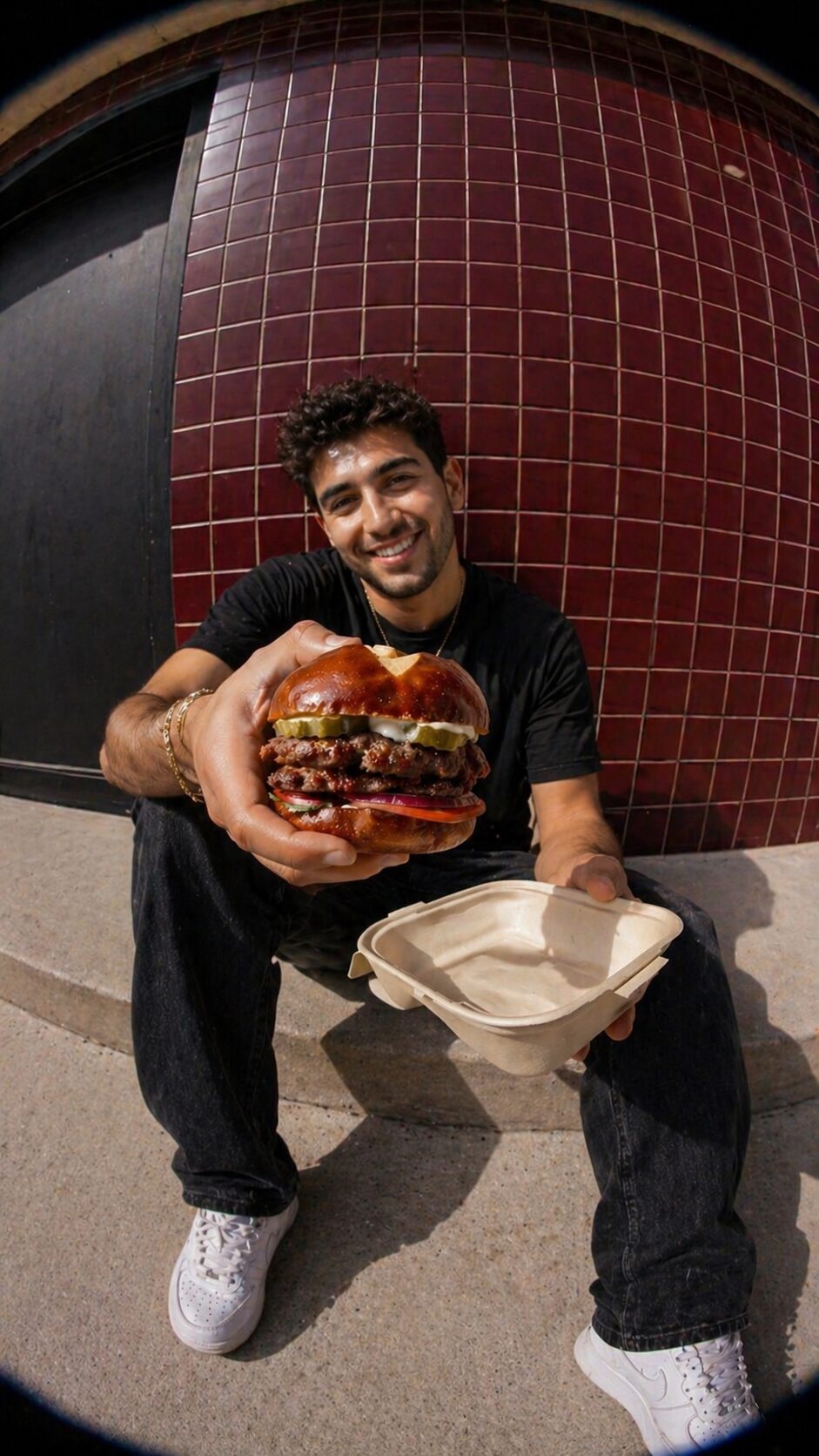 Friends sharing burgers at Capas